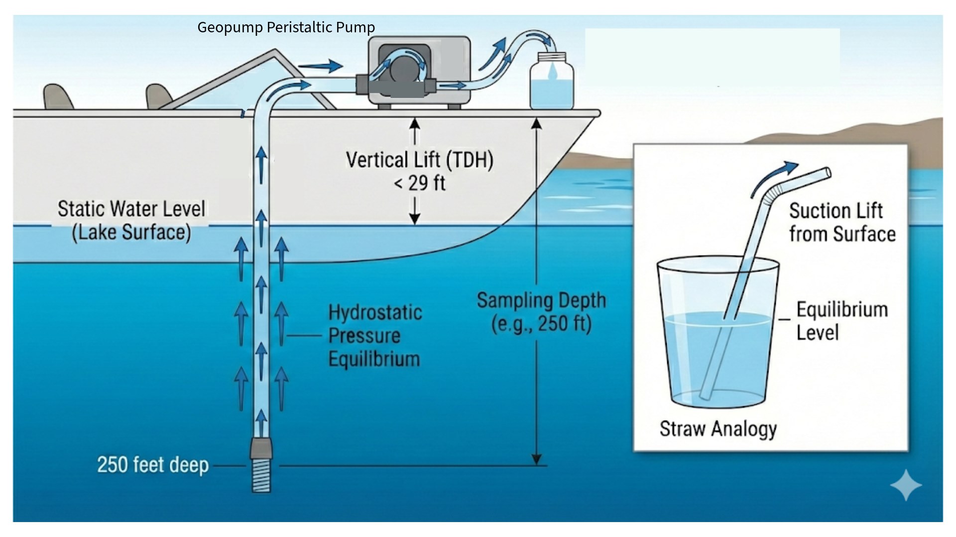 Diagram comparing a Geopump's vertical lift (TDH) of less than 29 feet against a 250-foot sampling depth, with an inset glass-and-straw illustration of the equilibrium level