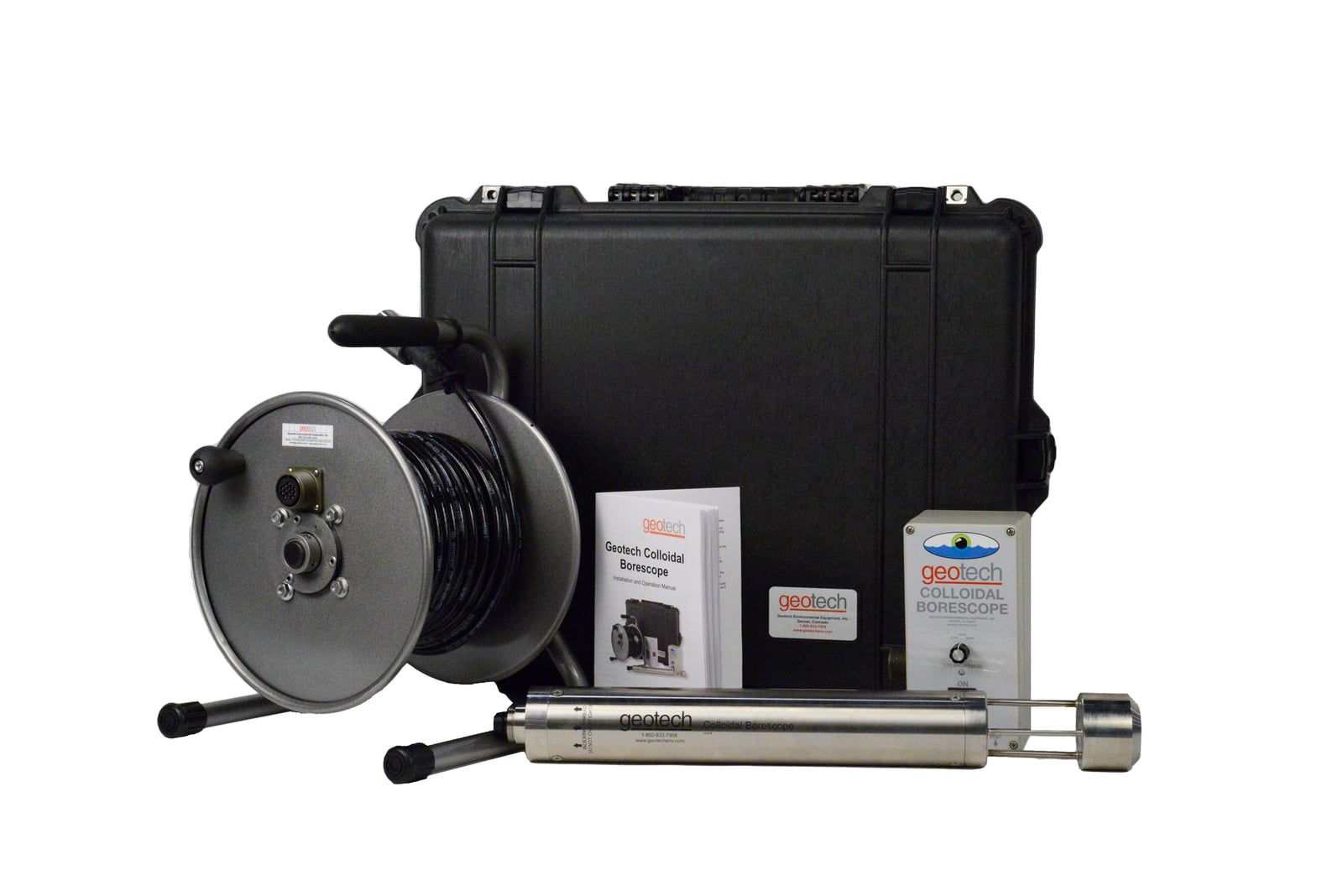The complete Geotech Colloidal Borescope kit, including carrying case, cable reel, control box, probe, and manual