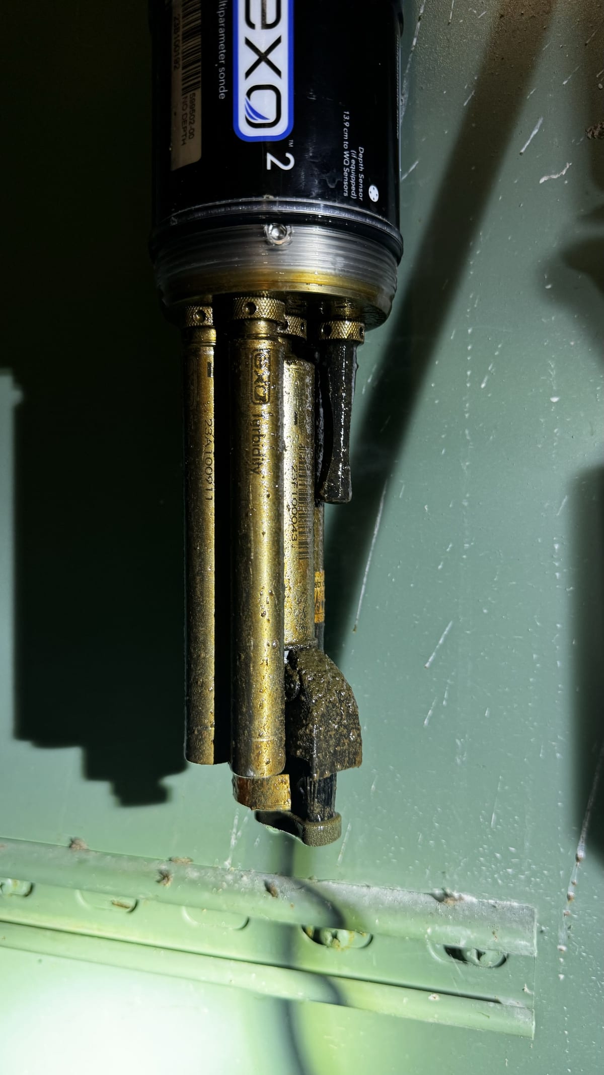 Close-up of the EXO2 sonde's turbidity and other sensor probes, showing wear and buildup from field use